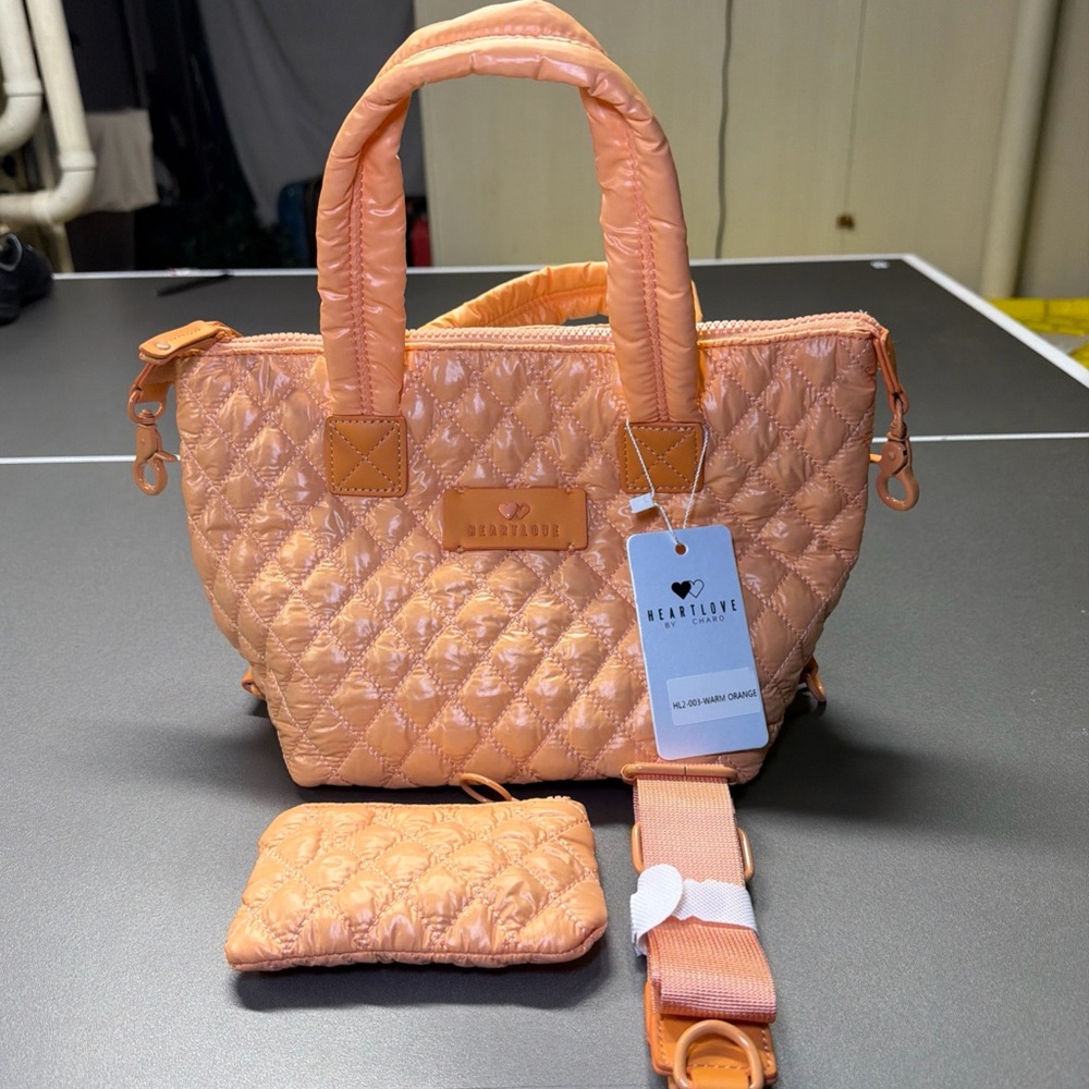 NWT Heart Love By Charo Quilted Purse Orange Removable Strap Coin Purse